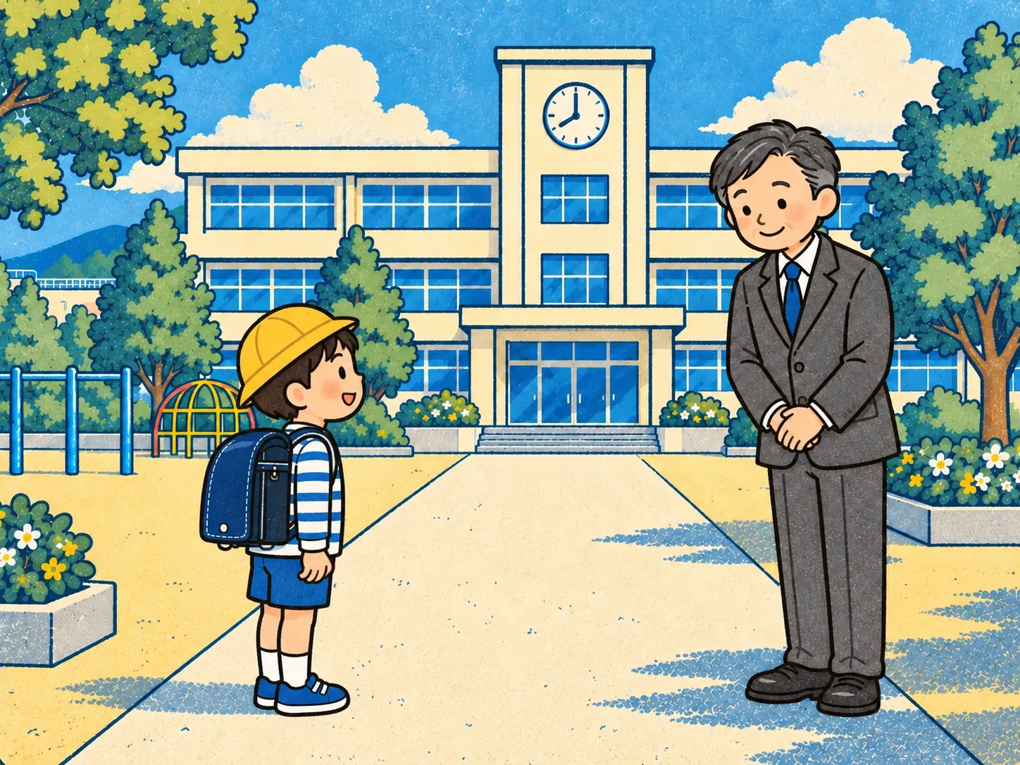 先生のお顔を見てあいさつする
